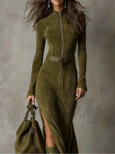 Monarch Belted Suede Zip Dress