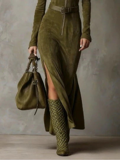 Monarch Belted Suede Zip Dress